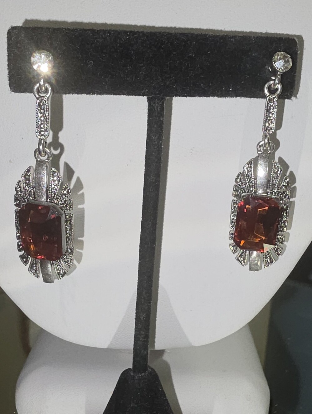Vintage Art Deco Style Amber Orange Glass Drop Earrings Faux Marcasite Dangle